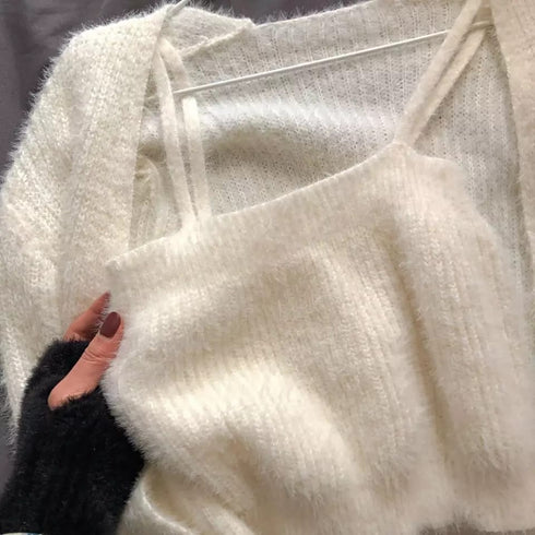 Two-Piece Camisole Knitted Vest with Long Sleeve Cropped Cardigan